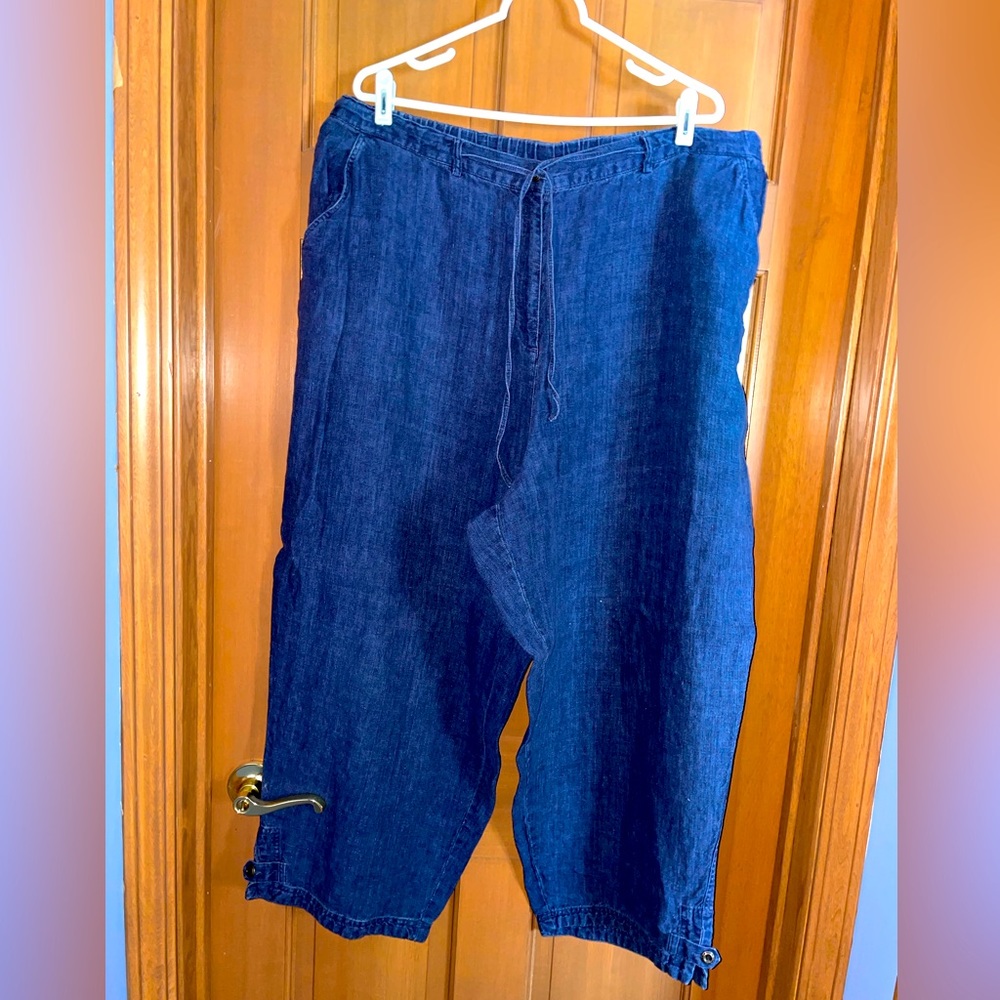 J Jill sz 28W linen cropped pants denim blue zip front drawstring elastic waist
